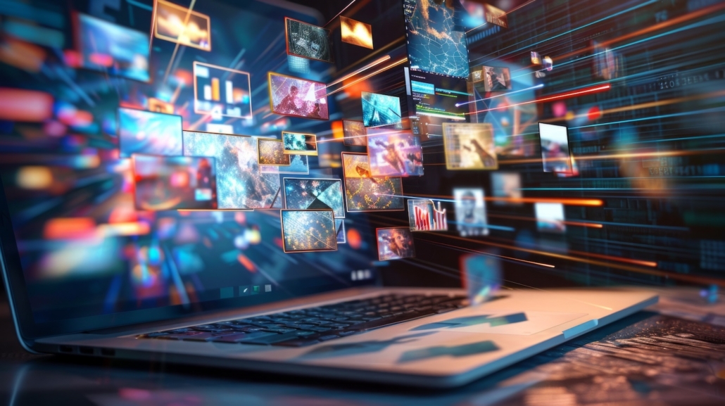 Laptop is displaying streaming internet content from various sources